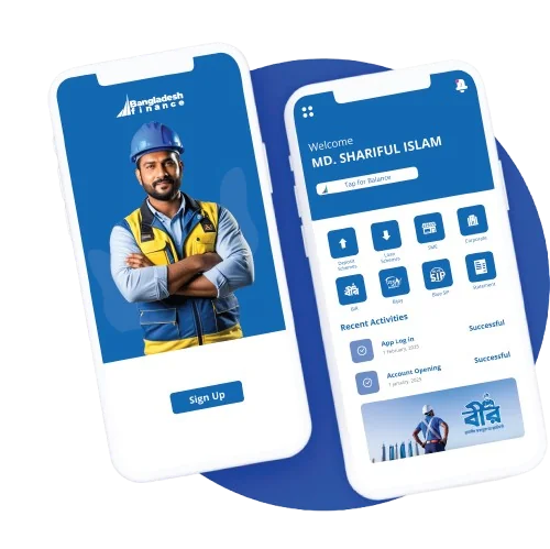 Bangladesh Finance mobile app sign-up and dashboard screens