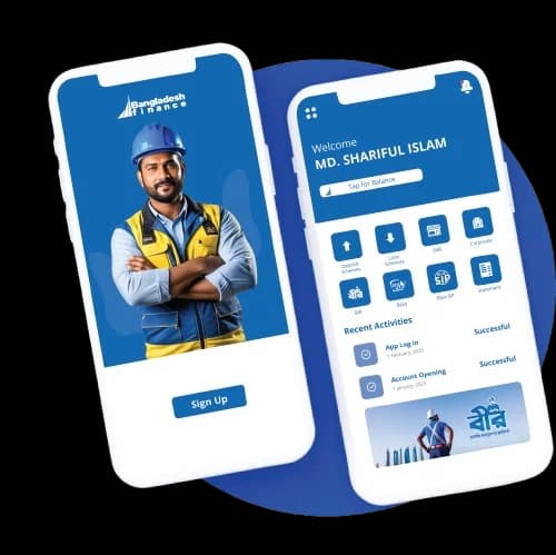 Bangladesh Finance mobile app sign-up and dashboard screens